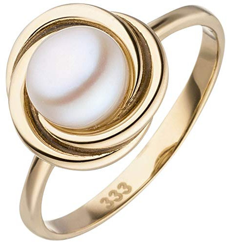 Ring aus 333 Gold Gelbgold mit Süßwasser Perle creme-weiß Perlenring Damen, Ringgröße:Innenumfang 54mm ~ Ø17.2mm