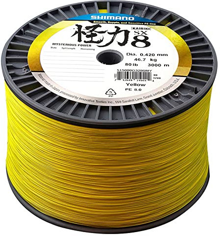 SHIMANO Kairiki 8, Geflochtene Angelschnur, 3000m, 0,10mm, 3,6kg, 8lb, Gelb, 59WPLM98S4A