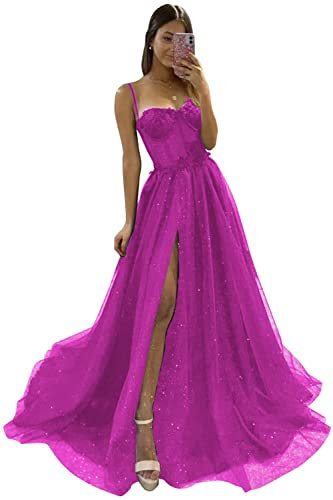 YUAOHUANG Vestido largo de tul con purpurina 2024, encaje 3D, apliques de flores, vestido formal para noche, boda, abertura, Fucsia, 28 Plus