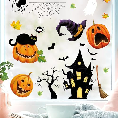 Fensterbild Halloween Katze Kürbisse Spinnennetz Fledermäuse Gruselhaus Fensterdeko Kinderzimmer Kind Fensterfolie Fensterdekoration, A3 Bogen