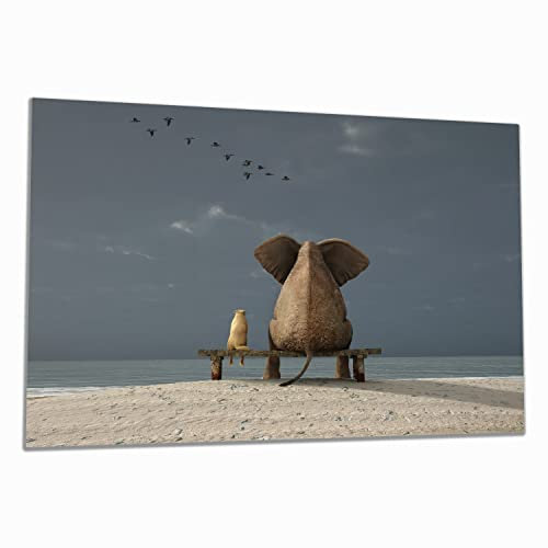 Wallario Herdabdeckplatte/Spritzschutz aus Glas, 1-teilig, 80x52cm, für Ceran- und Induktionsherde, Elefant und Hund sitzen auf Einer Bank