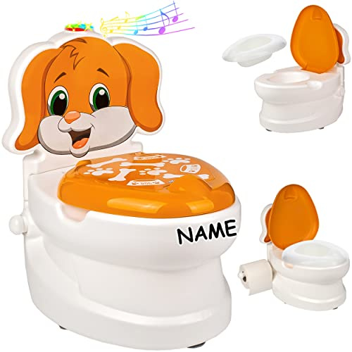 alles-meine.de GmbH Kindertoilette/Töpfchen Spülgeräusch + Licht Hund - inkl. Name mit Wasserspülung Sound - Nachttopf/Babytopf - mit Deckel - weiß - Musik - Toilettent..