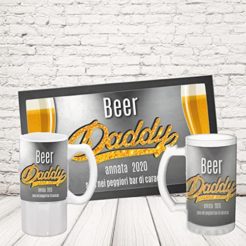Generico Kit Barman COPPIA TAPPETINO per BANCONE da BAR PIÙ BOCCALE '' BEER DADDY '' Bicchiere BIRRA IN CERAMICA O VETRO SATINATO PERSONALIZZABILE CON DATA idea regalo per Papà