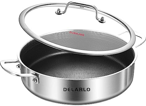 DELARLO Tri-Ply Edelstahl 25,4 cm tiefe Bratpfanne 3QT Sautepfanne mit Deckel, induktionsgeeignet, Kochpfanne mit Deckel, spülmaschinen- und ofenfest