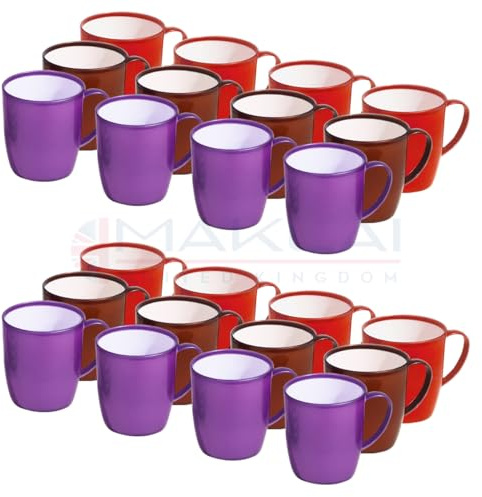 MAKREL Unbreakable Lightweight Plastic Drinking Cups for Camping, Kids Party, Travel & Outdoor Tea Coffee Mugs BPA Free with Handle (Solid Colour, Pack of 24)
