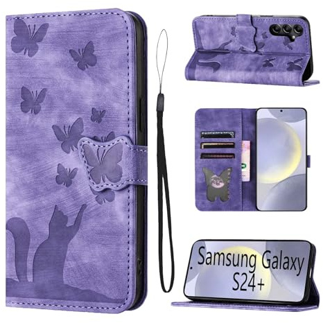 LSPCASA Fällbart skyddsfodral för Samsung Galaxy S24 Plus 5G stativfunktion S24 Plus fodral med kortplatser Samsung Galaxy S24 Plus fodral katter fjärilsmönster läderfodral lila
