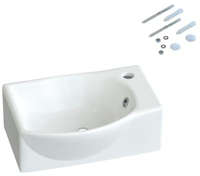 Waschbecken Keramik Waschtisch Hängewaschbecken klein Handwaschbecken Weiß Eckig-Oval 40 x 28 cm Badezimmer Gäste WC | Hahnloch Rechts | Überlauf | Stockschrauben | OHNE Wasserhahn | OHNE Ablaufventil