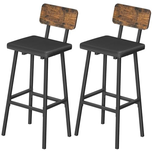 HOOBRO Bar Stools Set of 2, PU Upholstered Breakfast Bar Stools, Industrial Barstools with Backrest and Footrests, Bar Chairs for Kitchen, Dining Room, Bar, Rustic Brown and Black EBF84RBY01G2