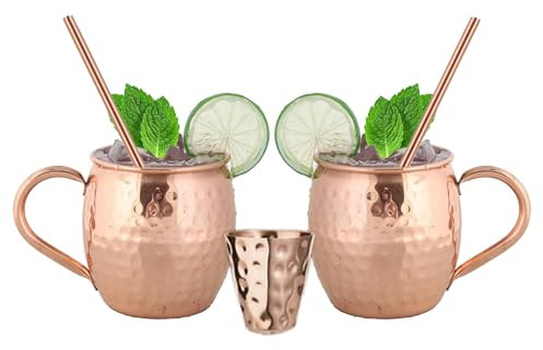 BOLD & DIVINE Moscow Mule Copper Mugs - Set of 2, 100% HANDCRAFTED - Food Safe Pure Copper Solid Mugs - 16 oz Gift Set with Premium Quality Cocktail Straws & Shot Glass!