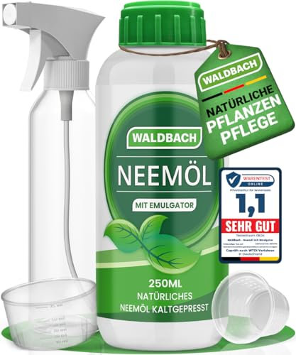 WALDBACH® Neemöl mit Emulgator [250ml] - Natürliches Neemöl für Pflanzen mit Sprühflasche und Messbecher - 25 Liter sprühfertige Mischung - Effektive Pflanzenpflege für Garten- & Zimmerpflanzen