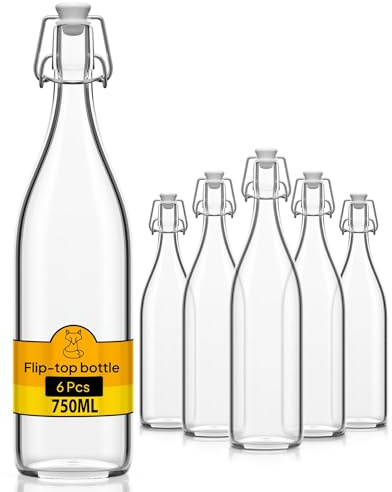 Flaschen-Fuchs Juego de 6 botellas de vidrio de 750 ml con cierre hermético - Botella para aceite, vino, licores, agua, cerveza, jugos de fruta, conservas y leche - Botellitas de vidrio pequeñas