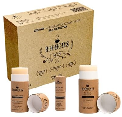 Ein Set Naturkosmetik für Männer, Deo-Stick ohne Soda, Haarstyling-Pomade, Lippenbalsam mit SPF 15-Schutzfilter