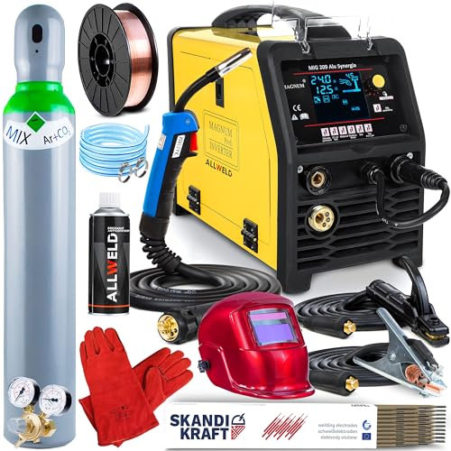 MIG 209 ALU LCD - Synergisches 3 in 1 MIG MAG Schweißgerät - Schutzgas und Fülldraht für: Aluminium, Schwarzstahl, Edelstahl, Lötschweißen - WIG und MMA - Set Professional Plus