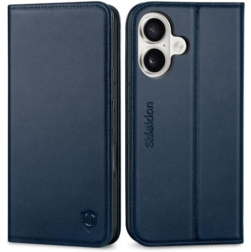 SHIELDON Echtleder Hülle für iPhone 16 6,1 5G 2024, Marineblau | RFID Blocker, Kartenfach, TPU Handyhülle, Magnetische Klapphülle, Kartenhalter, Stoßfest, Ständer, Lederhülle