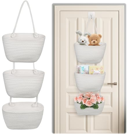 3-Stufiger Über-Tür Wandspeicherkorb aus Gewebtem Baumwollseil Dekorative Aufhängung für Kleidungslagerung Hängenden Korb in Schlafzimmer, Wohnzimmer, Badezimmer (Weiß)