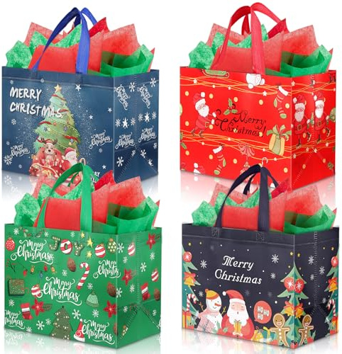 Pack of 12 Verpackungstüten Weihnachten, Weihnachtstüten 32.5 X 25 X 17 cm Weihnachtstüten Groß Xxl, Non-Woven Christmas Bags with Handles, Reusable Geschenktüte Nikolaus, Geschenksackerl Weihnachten