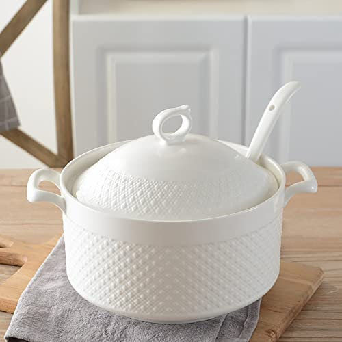 Ciotole da zuppa in ceramica bianca con coperchio e mestolo – Terrina per zuppa a doppio manico per ristorante cucina casa