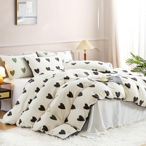 Covebett Bettwäsche 135x200 Herzen Schwarz Weiß Flanell Winter Warme Cashmere Touch Biber Winterbettwäsche 4teilig, 2 Flauschig Fleece Bettbezug mit Reißverschluss und 2 Kissenbezug 80x80