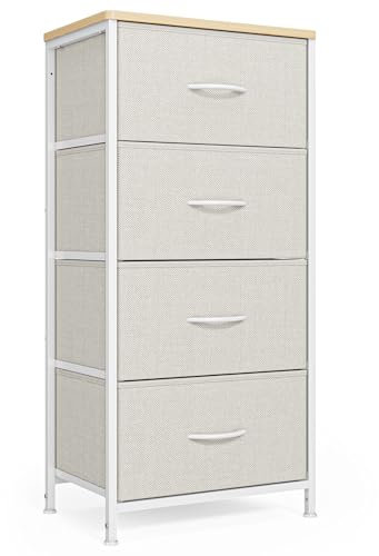 Xbro Kommode mit Schubladen, Schmale Kommode mit 4 Stoffschubladen, Aufbewahrungsschrank für Schränke, Kommode mit Holzplatte und Metallrahmen für Schlafzimmer, Wohnzimmer, Flur (Beige)