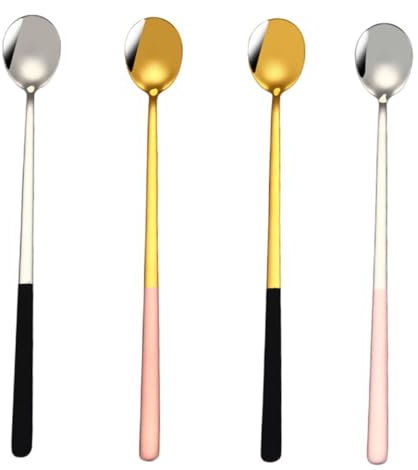 COLLBATH 4pcs Extended Coffee Spoon Set Stainless Steel Teaspoons Rust-Resistant Kitchen Gadgets for Cocktail Mixing and Dessert, Black Gold Pink Gold Black Silver Pink Silver Colors