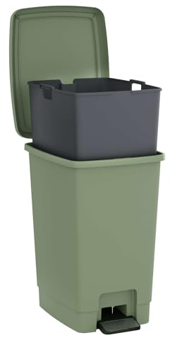 SUNDIS Bucket Bin, poubelle à pédale 30 L, seau amovible, rectangulaire, en plastique recyclé, vert sauge, pour cuisine, bureau, buanderie, atelier, salle de bain