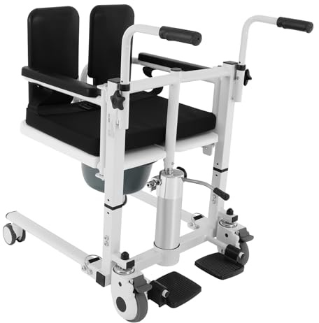 Hydraulischer Patientenlifter Transferstuhl, 180° Geteilter Höhenverstellbar Toilettenstuhl mit Rollen&Geteiltem Sitz für Kranke, Ältere, Behinderte, Schwangere Frauen