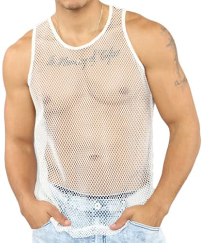 Camiseta de Rejilla Chaleco de Hombre Sexy Malla Transpirable Camiseta sin Mangas Transparente (Size:L,Color:Blanco)