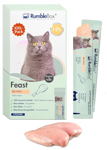 RumbleBox Schleckies mit 70% Huhn & 0% schädliche Zusätze, getreidefrei & zuckerfrei für Allergiker, Gesunde Leckerlis für Katzen mit nur 5 Zutaten (Sparbox XXL 6x75g)