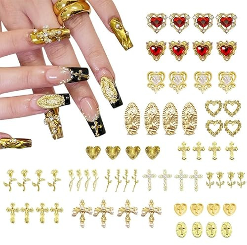 Cosmeria Ensemble de Charms pour Ongles Or, 64 Pièces Designs Exclusifs Dorés Comme Cœurs, Croix, Rose, Vierge Marie, Décorations d'Ongles 3D Chromées Durables