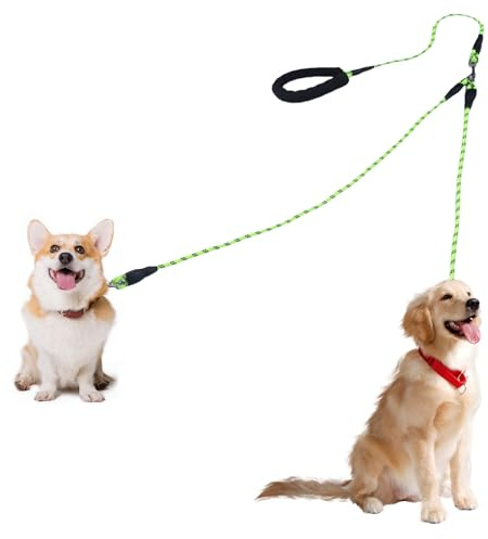 Laisse double pour 2 chiens, rotative à 360 °, légère, réfléchissante, avec poignées rembourrées, convient pour les chiens de taille moyenne de moins de 40 kg (vert, 12 mm)