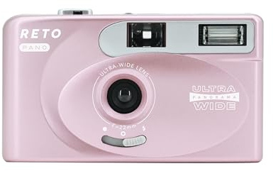 RETO PANO 35mm Filmkamera–22mm Weitwinkelobjektiv,Panorama,einfacher Wechsel,Objektivabdeckung,eingebauter Blitz(Film und AAA-Batterie sind Nicht im Lieferumfang enthalten) (Metallic-Rosa)