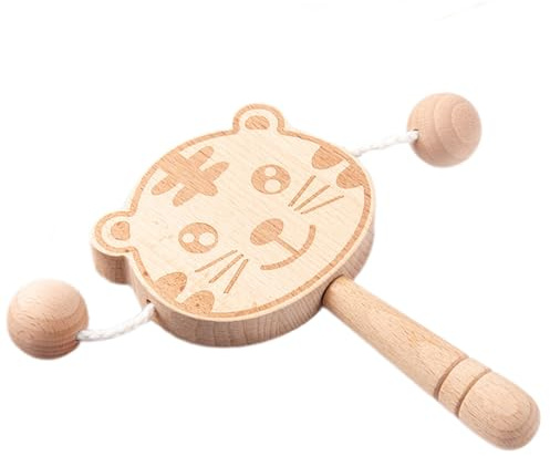 Holzrassel Für Babys | Zweiseitige Kindertrommel In Tigerform,Interaktive Schütteltrommel Mit Leichtem Griff Zur Förderung Von Motorik, Visueller Wahrnehmung, Akustik Und Sensorik