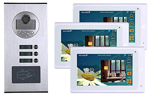 JKJZSALJ Videocitofono Cablato Wi-Fi da 7 Pollici per 3 Appartamenti, Sistema Citofonico RFID Ir-Cut HD 1000Tvl