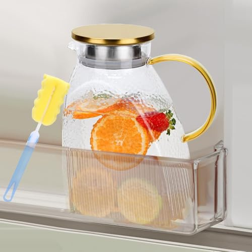 Fridge Door Water Jug, Fridge Glass Kettle with Sponge Brush, 1.8L/64oz Jug with Stainless Steel Lid, Leakproof Clear Glass Water Tank for Homemade Juice Iced Tea Coffee Milk, Cold and Hot Beverage