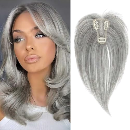 RUNRAYAY 25 cm Haarteil für Frauen, Echthaar, 360°-3D-Cover, dünn, mit Pony, Clip-in-Pony, für den Alltag, Grau