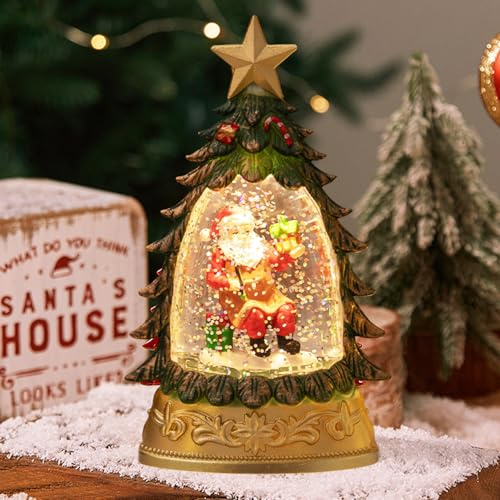 Sfera di neve di Natale, lanterna di Natale con neve di neve, sfera di neve a LED, glitter, glitter, luce notturna, decorazione natalizia per decorazione da tavolo (verde)