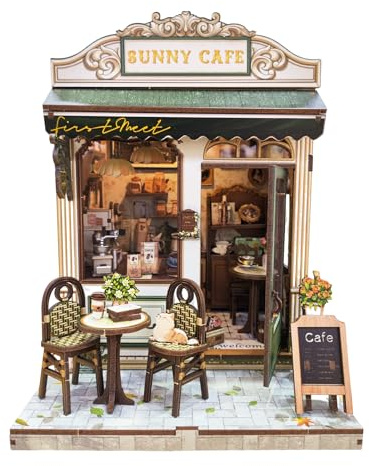 Book Nook Kit, DIY Miniatur Häuser Bausatz für Erwachsene mit LED Licht, Miniatur Haus Selber Bauen, 3D Holzpuzzle Buchstütze für Frauen Teenager Kinder (Sky Kaffee)
