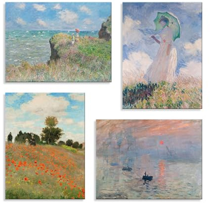 LuxHomeDecor Set 4 Quadri 40x30 cm - Stampa su Tela con telaio in legno - Claude Monet – Campo di Papaveri, Donna con Ombrello, Scogliera a Pourville, Impressione