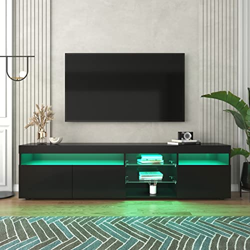 OLIVIBED TV-Board 180 cm, TV-Schrank mit 3 Türen und 2 Glasablagen, Fernsehschrank für Fernseher bis zu 77 Zoll, Hochglanz Fernsehtisch mit LED, für Wohnzimmer, Schlafzimmer, 180x35x48cm, Schwarz