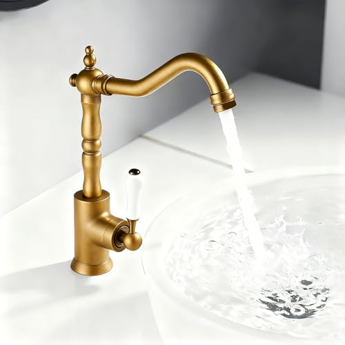Retro Waschtischarmatur Gold Einhebelmischer für Küche und Bad, Höhe 280 mm | Retro Küchen‑Wasserhahn, 360° drehbar, aus massivem Messing, G3/8‑Anschluss, antike Mischbatterie für Waschbecken