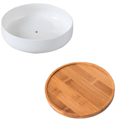 GARIOUANS Contenitore in Ceramica Rotondo con Sottovaso in Bambù, Resistente ed Ecologico, per Piante da Salotto, per Casa e Ufficio