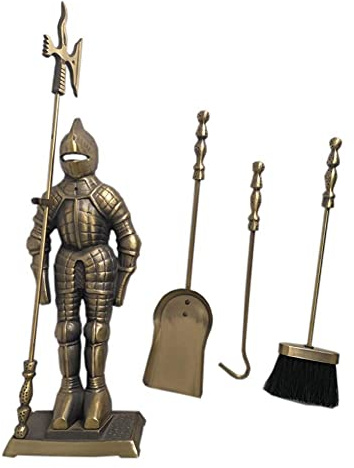 LOKAXXZU Cast Iron Fireplace Tool Set 5-Piece Antique Brass Ages Knight Fireplace Hearth Fire Pit Accessories with Tongs Shovel Brush Poker 73Cm Tall