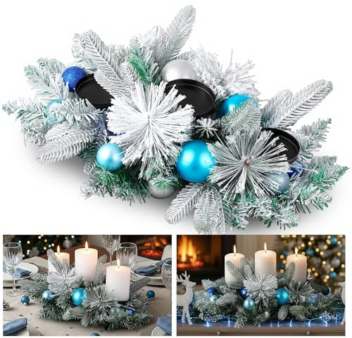 Hotop Christmas Centerpieces for Tables Decorations with 3 Candle Holder 20 in Blue Hanukkah Chanukah Table Wreath with Snowy Flocked Frosted Pine Blue Silver Ball Ornaments for Winter Tabletop Decor