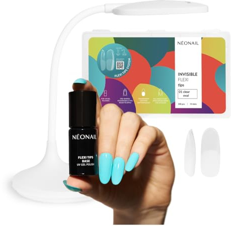 NÉONAIL Flexi Tips Set – Nagelverlängerung mit Invisible Flexi Tips Oval (300 Stück), LED Lampe & Flexi Tips Base Coat – Für natürlich aussehende Gel-Nägel in nur 20 Minuten