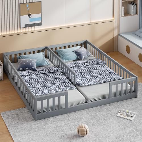Oxtao Kinder Bodenbett 90x200, Doppelbett mit Sicherheitsgitter&Lattenrost, MontessoriBett Gitterbett Holzbett Bettgestell, Spielbett für 2 Kindern, Kiefernholz (Grau mit Lattenrost, 90x200CM)