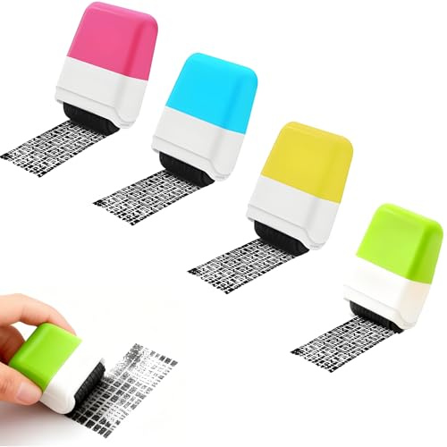 xutong Pack of 4 Data Protection Roll Stamps, Data Protection Roll Stamp Set, 4 Colours, Addresses Blackening, Pink, Blue, Yellow, Green, Identity Protection Cover Roller