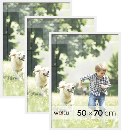 WOLTU Bilderrahmen 50x70, 3er set, MDF-Holz Fotorahmen mit Passepartout | Weiß, Posterrahmen für Poster, Fotos, Puzzle, aufhängbar & aufstellbar, Collage-Wanddeko mit bruchsicherer PS-Platte