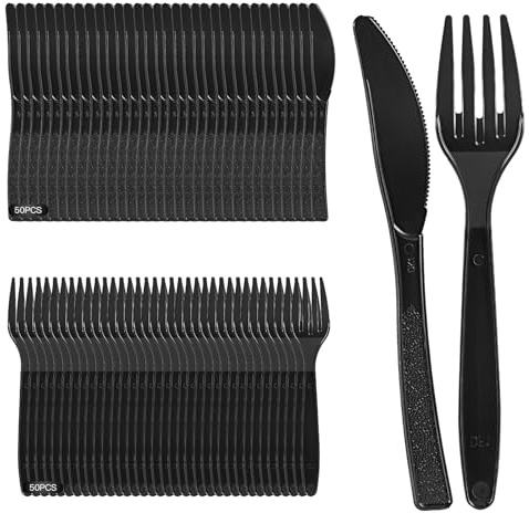 Plastikbesteck, 200 Stück Plastikbesteck Set, Wiederverwendbar Party Besteck Enthalten Plastikgabeln Plastik Messer Party Besteck Plastik für Partys Outdoor Abendessen (schwarz) (Schwarz)