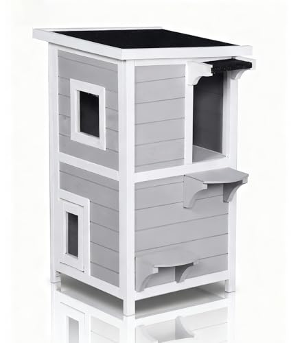 Aniwupaws Outdoor Cat House 2-Story with Escape Door, Feral Cat Shelter Weatherproof for Outside, Openable Waterproof Roof, Large Window, 2 Platforms, Wooden Cat Enclosure for Pets 31.80 (Grey)
