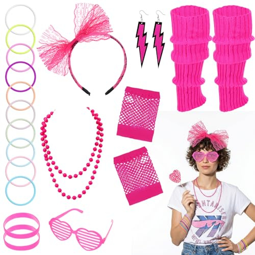 Wanmu 80er Jahre Kostüm Zubehör Set für Damen, 90er Outfit Accessoires, Stirnband Armband Blitz-Ohrringe Fischernetz-Handschuhe Halskette Herzbrille Neon Beinwärmer für Mottoparty, Karneval,Fasching